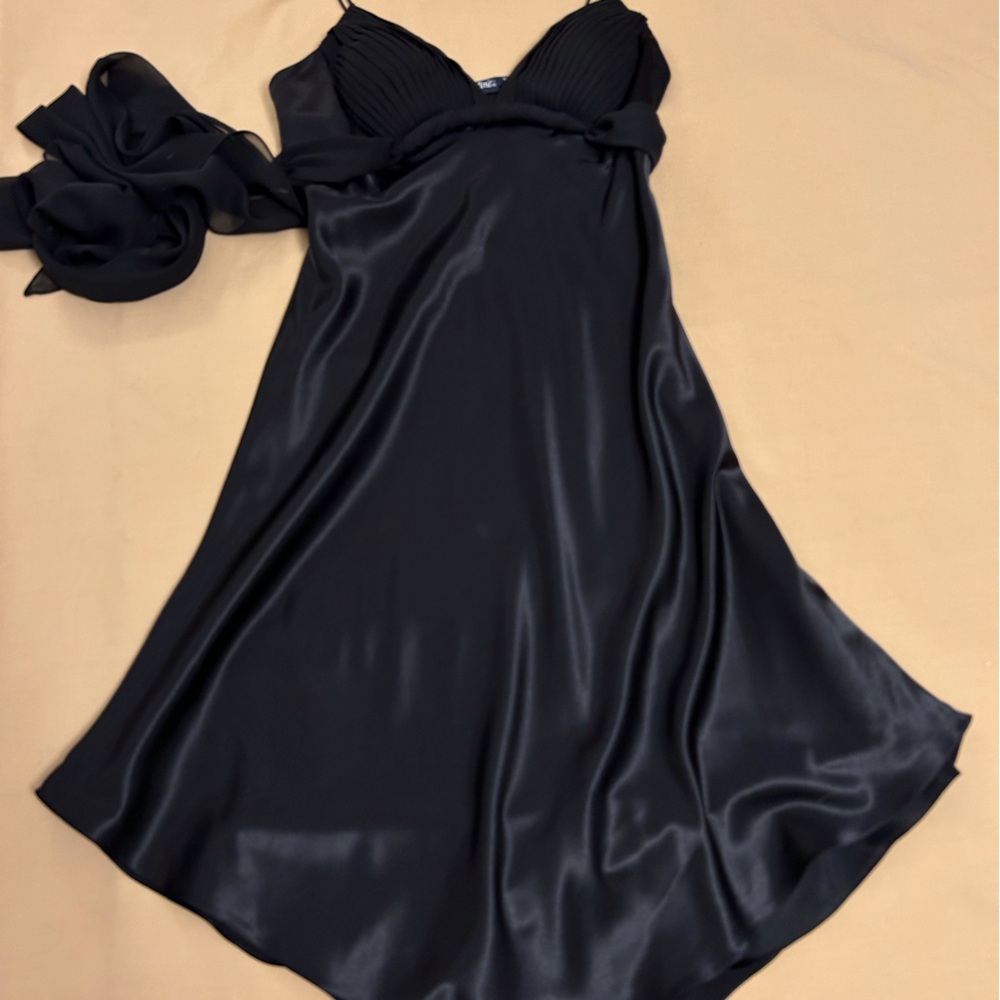 Cute empire satin slip dress with shirred bust and crepe tie